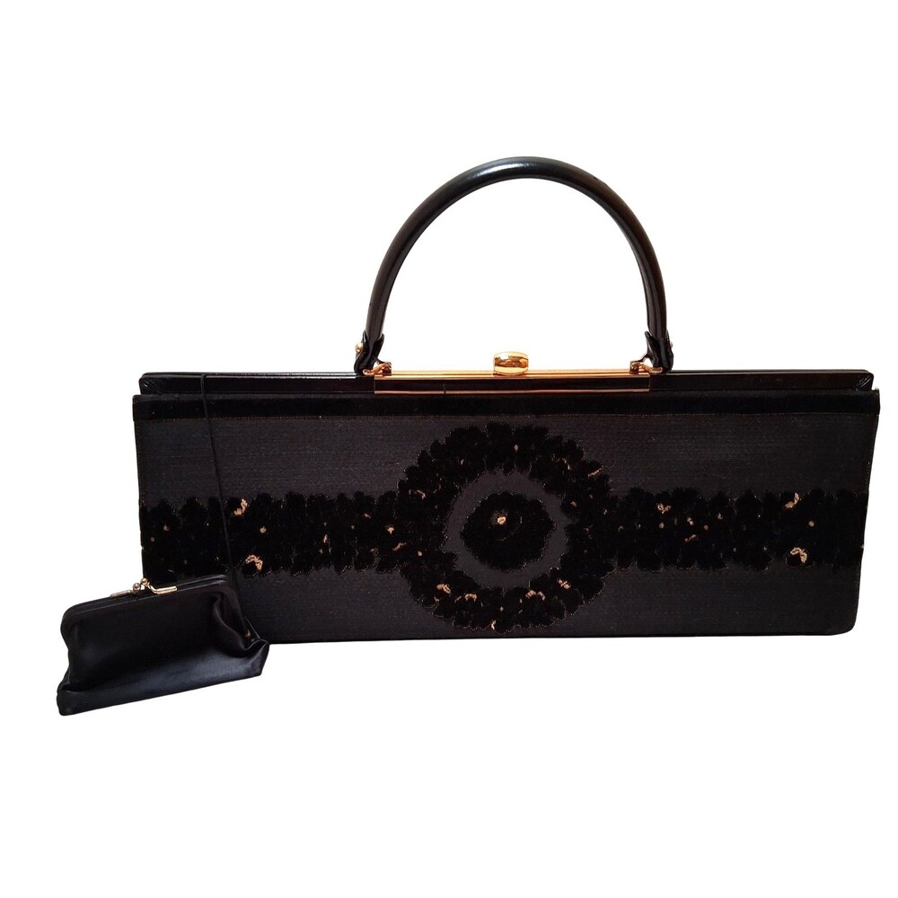 Vintage Bienen-Davis Oversize Evening Bag Womens Black Velvet Top Handle Clutch